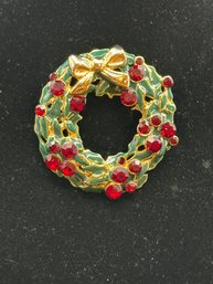 Liz Claiborne Red Rhinestone & Enamel Holly Wreath