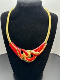 Gold Tone Necklace With Red Enamel