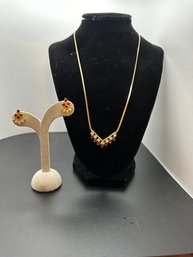 Gold Tone Necklace & Pierced Earrings With Red & White Rhinestones