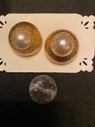 St. John Gold Tone With Pearl Clip On Earrings