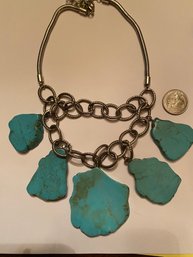 Big Chunky Turquoise &Silver Tone Necklace