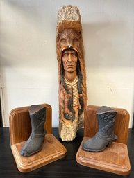 Steel Boot Bookends & Wood Carved Indian