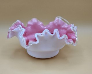 Lovely Vintage Fenton White Pink Silver Crest Glass Bowl With Ruffled Edge