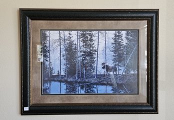 Tastefully Framed Double Matted Moose In Forest Print