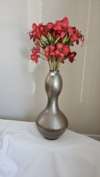 Lovely Pier One Gold Tone Glass Vase With Brilliant Orange Faux Day Lilies