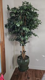 Elegant Ceramic Flower Pot In Jade Hues With Steel Stand And Faux Ficus Tree.