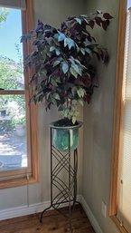 Beautiful Crackle Glass Vase In A Classy Welded Metal Iron Stand With A Faux Ficus Plant.