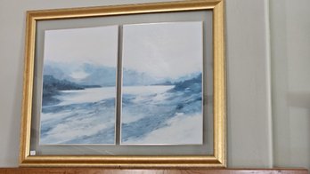 Extra-large Modern Watercolor Print Of Ethereal Winter Landscape In Beautiful Gold Gilded Frame