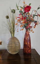 Pair Of Distinctive Vases With Artificial Floral Arrangements.