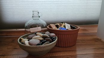 Grouped Lot: Ceramic Bowl W River Rocks, Match Box Collection, Glass Vessel