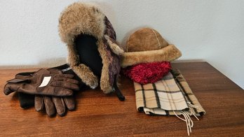 Collection Of Various Men's Winter Hats, Gloves, And Scarves