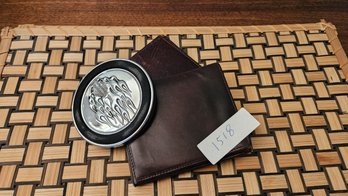 Collection Of Three Leather Wallets And Chrime Harley Davidson Coaster