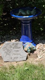 Lovely Ceramic Blue Bird Bath And Garden Art Sign With Frog And Turtle Figurines