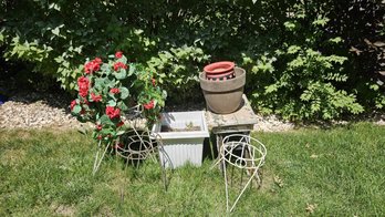 Nice Set Of Wire Plant Stands, Planters, And Rustic Garden Bench Plus Garden Gardenia Basket