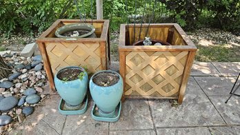 Set Of Outdoor Wooden Planters With Trellis Plus 4 Ceramic Planters