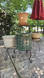 Nice Set Of Four Iron Plant Stands With 3 Ceramic Planters And One Terra Cotta Planter