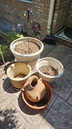 Four Outdoor Planters: Plastic, Ceramic, And Terracotta. Includes Lovely Suncatcher With Bells