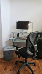 Modern PC Desk With Office Chair And Computer Equipment: Dell LCD Display, PC Mouses, Speakers, Shredder