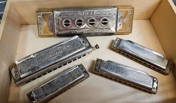 Set Of Five Vintage Harmonicas In Nice Wooden Storage Box - Very Collectible!