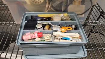 Collection Of Bathroom Supplies And A Tupperware Travel Case With Sewing And First Aid Supplies