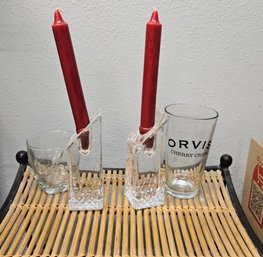 Beautiful High End Glassware. Icludes Two Glass Candle Holders. See Photos For Close Up Of Design