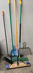 Collection Of Three Push Brooms, One Small Angled Broomn And Two Dustpans