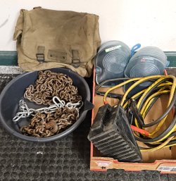 Collection Of Useful Shop Items: Chains, Jumper Cables, Cushioned Knee Pads, Vintage US Army Satchel