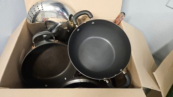 Large Box Full Of Various Sized Quality Pots And Pans