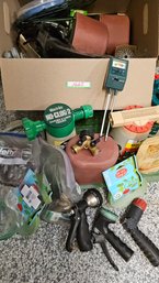 Box Full Of Various Gardening Items Fertilizer Sprayers, Spray Nozzles, Spigot Covers, Sprinkler Box Cover