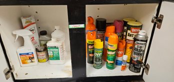 Cupboard Full Of Gardening Products: Bug Spray And Liquid Plus Some Ortho Ant Killer