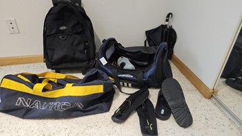 Collection Of Various Backpacks. Including Roll Aboard Plus Umbrella And Water Shoes