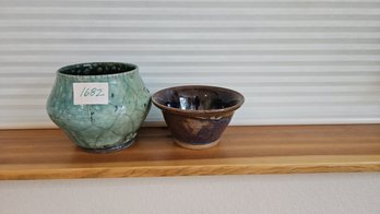 Ceramic Pots With Turquoise Crackle Finish - Signed By Artist