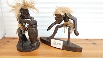 Two African American Primitive Wood Carvings - One Drummer And One Surfer