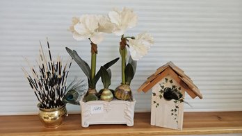 Unique Collection Of Ceramic Pots. Including Faux Amaryllis, Birdhouse, And Copper Pot With Porcupine Quills