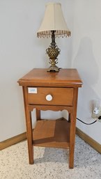 Vintage Pine End Table With Drawer And Ceramic Handle Plus Darling Lamp With Shade