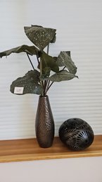 Ceramic Hammered Theme Copper Vase And Oaxaca Black Pottery Sphere From Mexico