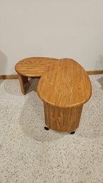 Unique Expandable Teardrop Butcher Block Oak Coffee End Table With Contemporary Lines.