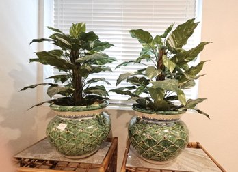 Pair Of Stunning Hand Painted Talavera Colors Delores Planters With Peacock Motif - Signed By Artist