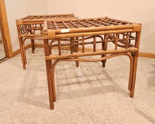 Pair Of Chic Bamboo Tables With Removable Ceramic Tiles, In The Style Of Olko, Link, Etc.