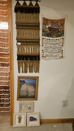 Unique Collection Of Wall Art Including Woven Tapestry, Vintage 1969 Tea Towl, And 4 Framed Prints