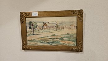 One Of A Kind Vintage Original Watercolor In Unique Antique Frame By Robert Lockard, Manhattan KS