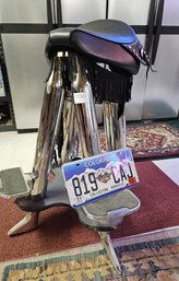 One Of A Kind, Custom Made, Harley Davidson Workbench Stool In Leather - Lots Of Chrome! Plus HD License Plate