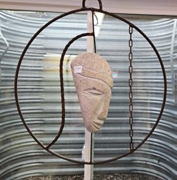 Unique Primitive Art With Round Welded Frame And Hand Carved Stone Face - Suitable For Indoor Or Outdoor!