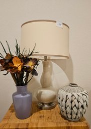 Attractive Crackle Finish Ceramic Lamp, Unique Wicker Vase Plus Purple Ceramic Vessel With Flowers