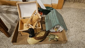 Wonderful Set Of Wooden Collectibles: Whirly Bird Duck Spinner, Duck Decoy, Turtle, Birdhouse, Box And Biplane