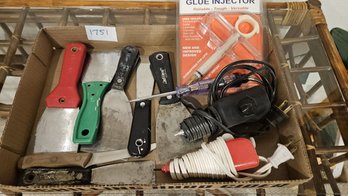 Large Collection Putty Knives And Scrapers, Plus Three Electric Engravers And Glue Injector