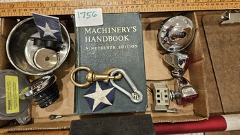 Engineers Collectibles: Machinerys Handbook, Several Strong Magnets, Motorcycle Parts, Stylish Mod Clock