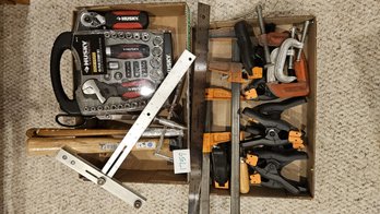 Box Of Diverse Tool: Plastic Clamps And Steel Clamps, Husky 48 Piece Socket Set, Two Hammers, And Lots More!