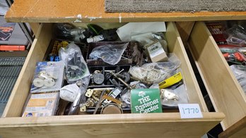 Shop Drawer Full Of Door And Window Hardware And Misc Fasteners, Old Style Vise, Hinges And Catches