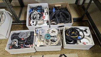 Five Large Boxes Of Electrical Wire, Stereo And Speaker Cables, TV Coax Cables, And Phone Cables